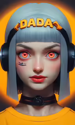an art doll wearing headphones with the words dada on it