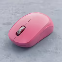 pink mouse with tiny key on top, with silver disc on the handle