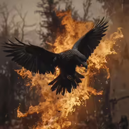 a large bird flying over a pile of fire