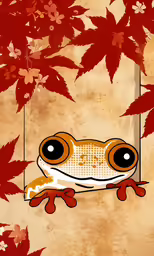 a red tree frog peeks from behind the branches