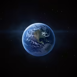 a view from space of the earth with bright rays coming through the center