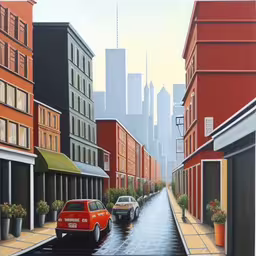 a painting of a street with buildings and cars on the street,a painting of two cars driving down a wet street,an oil painting of a city street with red buildings,an image of red vehicles on the road,an illustration shows cars on the road in front of buildings