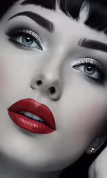 a lady with red lipstick holding her hands near her face