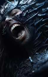 a close up shot of a female in a face full of black spikes and chains