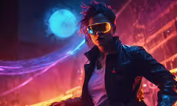 the cyber girl in front of a glowing backdrop,a person is standing near some neon lights