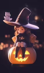 a doll dressed up as a witch sitting on top of a pumpkin