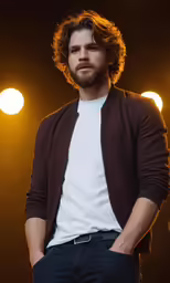 a bearded man with long hair stands in the spotlight