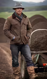 a man in a hat, jacket, pants and boots stands near a truck with dirt