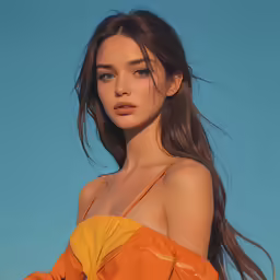 a young woman poses with her hair blowing in the wind