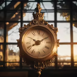 an ornate gold clock in front of a large window