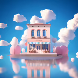 a small home in the clouds reflecting in water