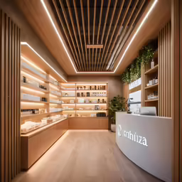 the interior of a perfume shop with wooden shelves and lighting