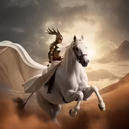 a woman is riding a white horse in the desert