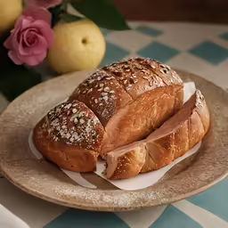 a bread loaf on top of a plate on a table