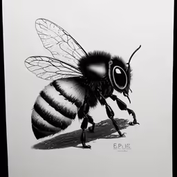 a bee is seen on white paper and in black
