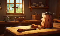 a kettle sitting on top of a wooden table,an image of a wooden table with a pitcher and a beater