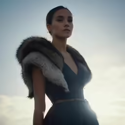 woman wearing black dress with fur collar, standing on beach