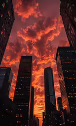 a red sky in the background behind a number of tall buildings
