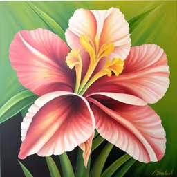 a pink flower on green grass with a black background,this is a painting with a flower on it,painting of a flower in pastel colors,pink and white flower with green leaves,a painting of a flower on green and purple
