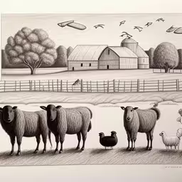 sheep and chickens stand in front of an old farm,there are many sheep and birds standing in the grass