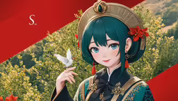 a girl with a bird and a japanese flag