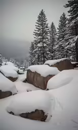 a couple of large boulders under some trees