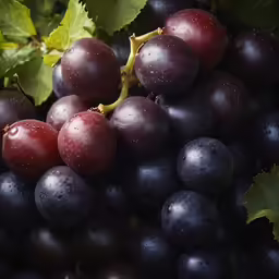 a bunch of grapes on the vine with drops of dew