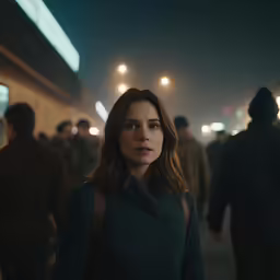 a woman standing on the street with people walking by