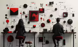 a couple sitting at a desk in front of a wall of artwork