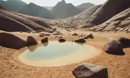 a desert landscape with water surrounded by large rocks