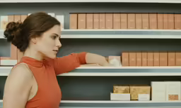 a woman stands at the end of a shelf with many boxes and books on the shelving