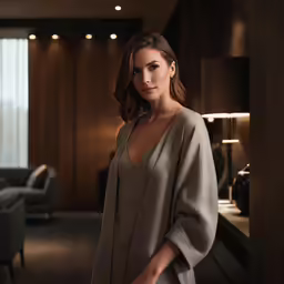 a woman standing in the doorway of a hotel room