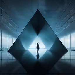 a person in front of a large pyramid in the fog