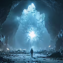 man in dark, blue and white tunnel looking toward the sky