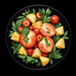 a plate of food with peaches and tomatoes on it
