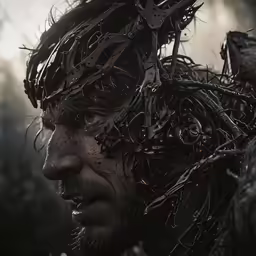 the revenached face of a man with wires and chains over his ears