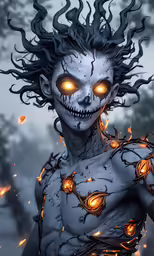 an animated drawing of a demonic person with fire coming out of his eyes