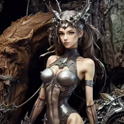 a woman dressed in a metallic outfit with horns