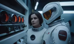 two people dressed in white costumes stand in front of an oven