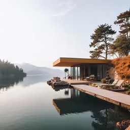 a body of water with a dock and a house on it