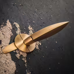 closeup of a gold doorknob on an aged black tile floor