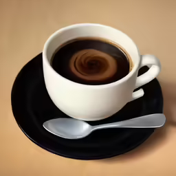 coffee in a white cup with saucer and spoon on a plate