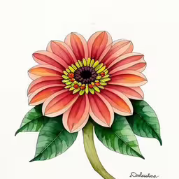 a large orange flower with green leaves in the middle,an orange flower with green leaves on it,a painting of a big pink flower with green leaves,the image shows an orange flower with a green leafy stalk,a close up of a flower with leaves on it