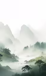 foggy scenery with trees and mountains with fog