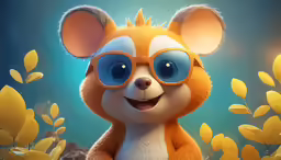 a little bear wearing glasses next to yellow flowers