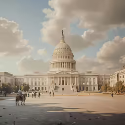 people riding horses past a building with a dome