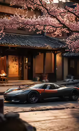 a car parked underneath a cherry blossom tree