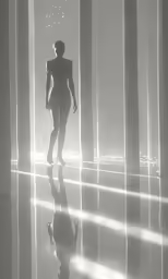 a black and white photo of a woman wearing a bodysuit in a room with columns