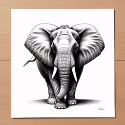 an elephant drawing on a paper on top of a wooden table,an elephant drawing on paper with a wooden table,an elephant is shown on the wall,black and white drawing of an elephant on a wooden background,an elephant that is standing on the ground