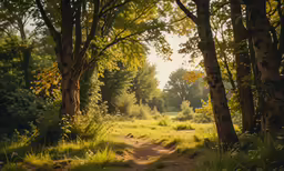 a dirt path going through a forest filled with tall trees